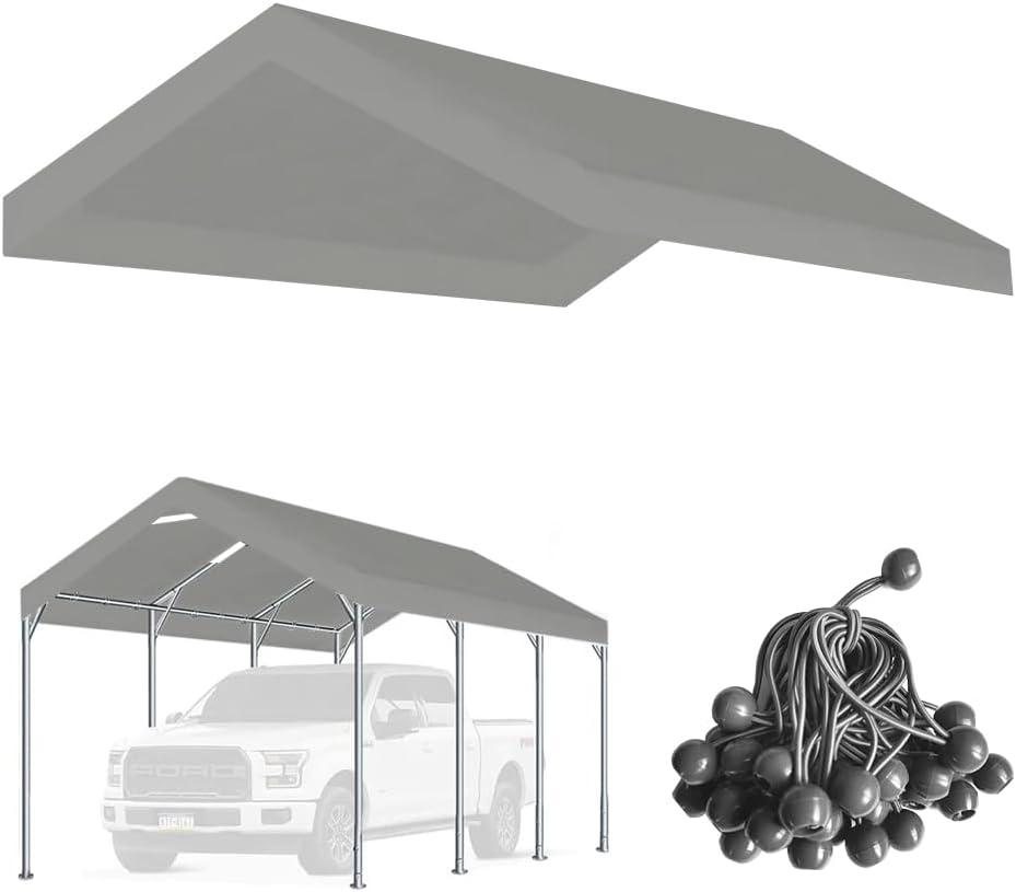 10'x20' Upgraded Carport Replacement Top Canopy Cover for Car Garage Shelter Tent Party Tent with Ball Bungees Grey (Only Top Cover, Frame is not Included)