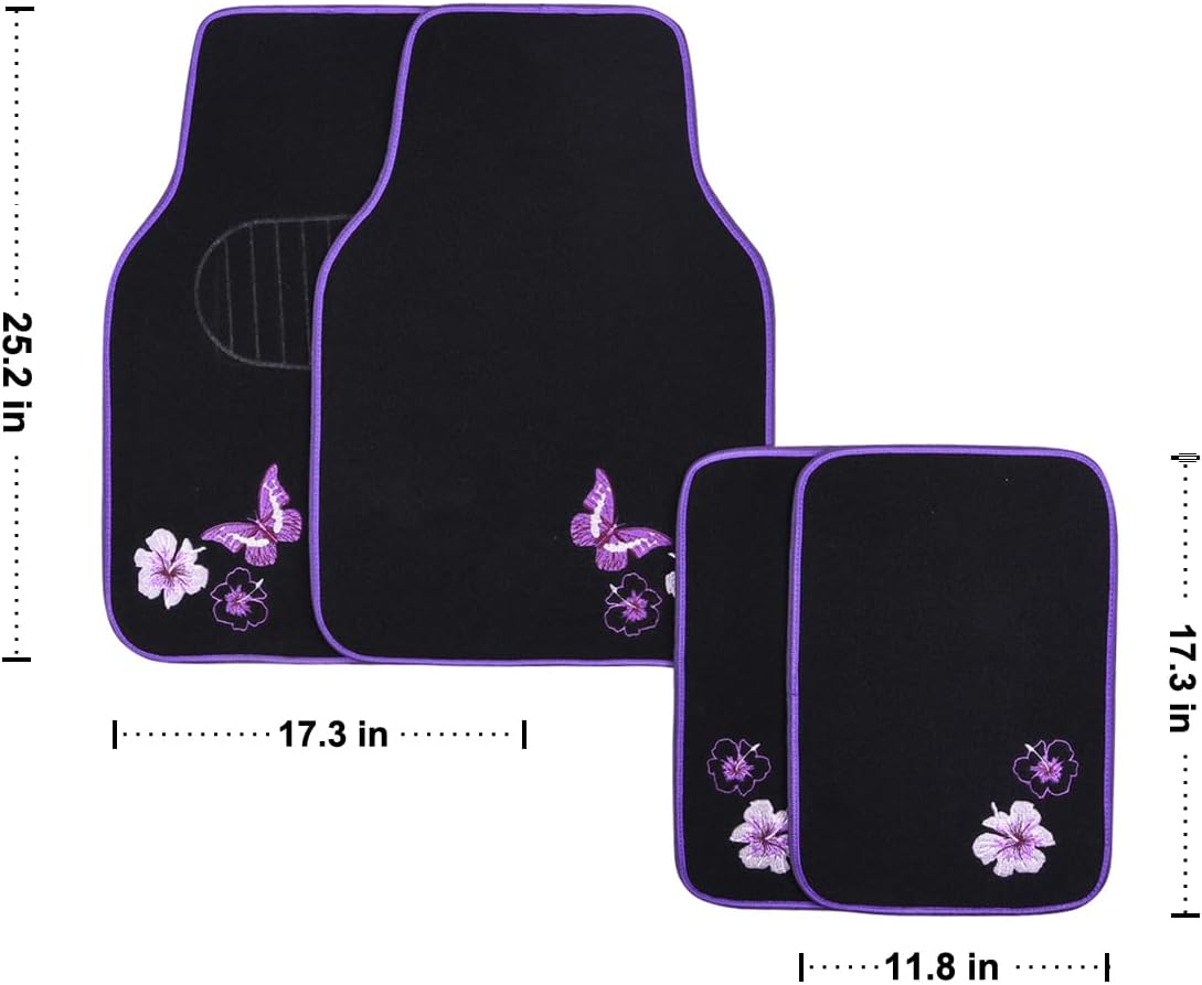 CAR PASS Embroidery Butterfly and Flower Car Floor Mats, Purple Car Floor Mats, Universal Fit 95% Automotive,SUVS,Sedan,Vans,for Women,Girly,Set of 4(Black with Purple)
