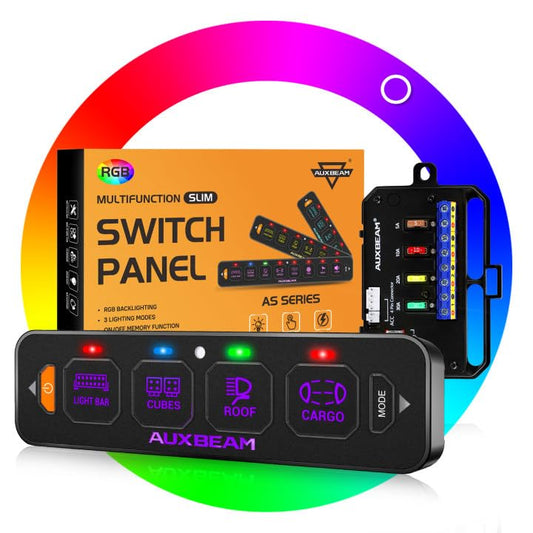 Auxbeam 4 Gang Slim Switch Panel RGB AS-R40 Toggle Momentary Pulsed Dimmable Backlight Multifunction Switch Panel with Memory Function for 12-24V Truck Offroad Car Marine Waterproof 2 Years Warranty