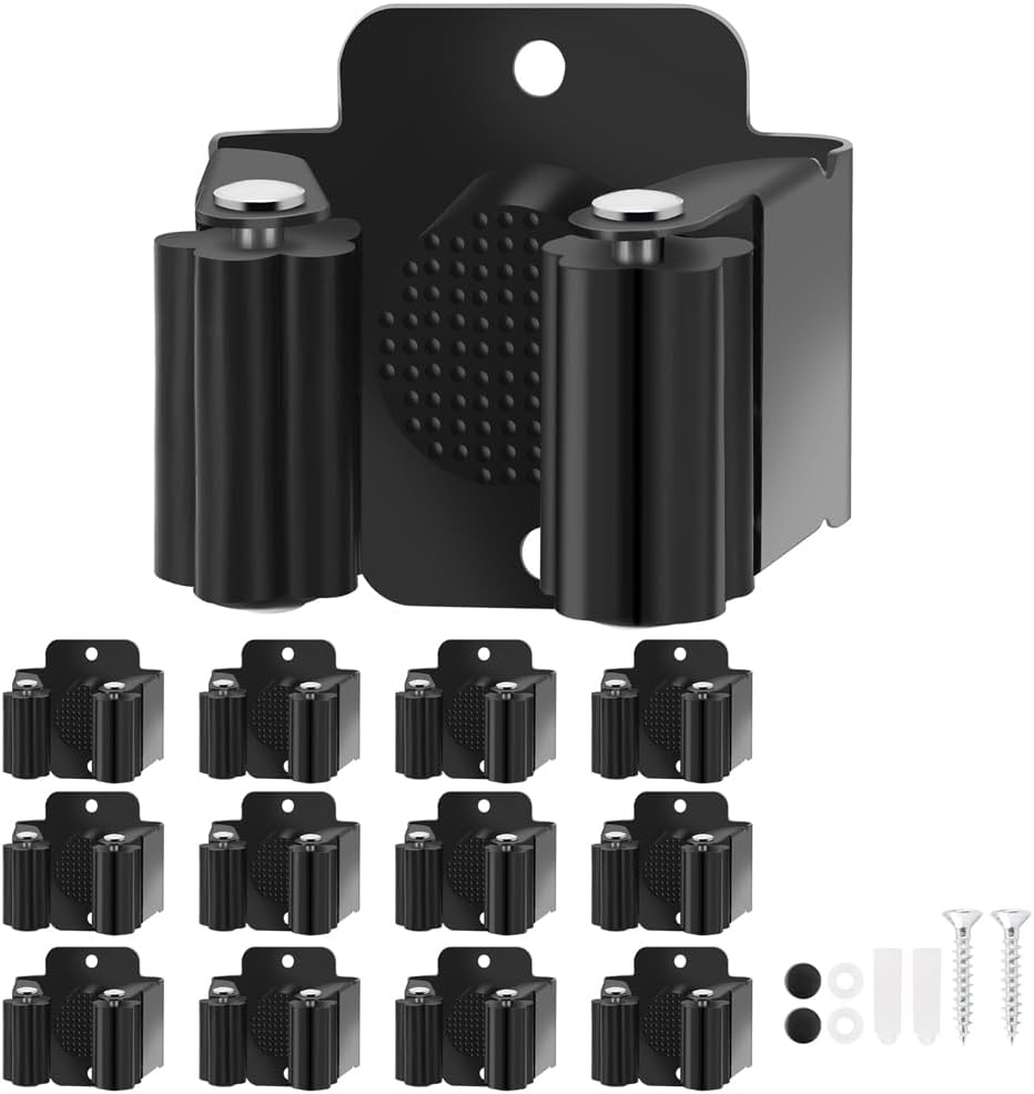 Broom Holder Wall Mount, 12PCS Broom Hanger Wall Mount, Stainless Steel Heavy Duty Mop Holder Broom Mop Hanger Wall with Screws, Garden Outdoor Tool Organizer Rack Broom Hanger (Black)