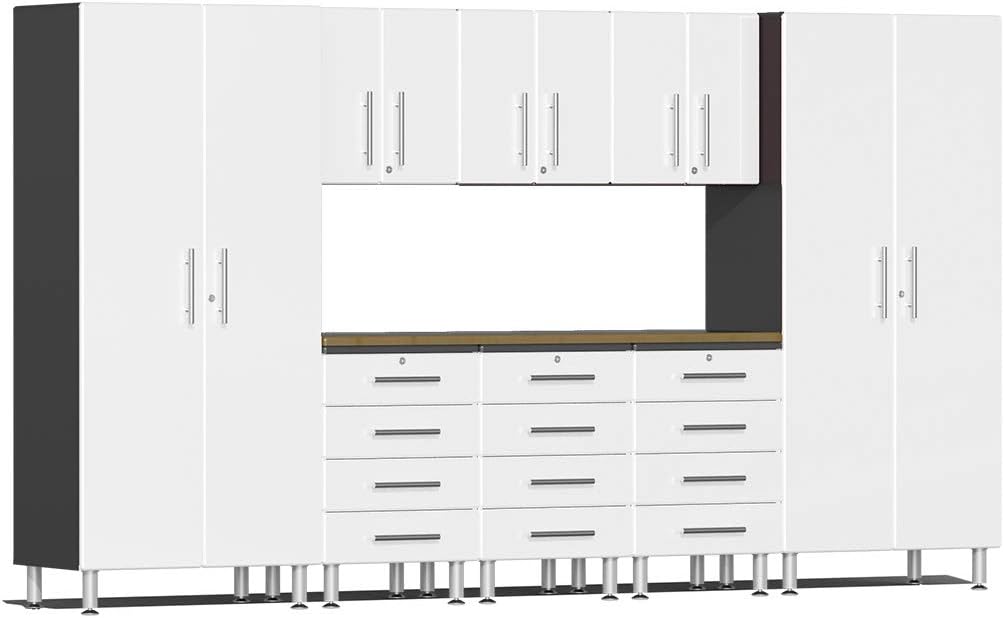 Ulti-MATE UG22092W 9-Piece Garage Cabinet Kit with Bamboo Worktop in Starfire White Metallic