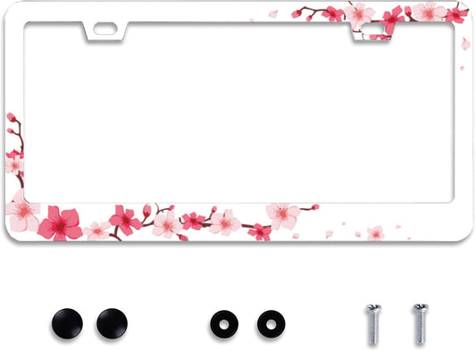 Personalise Beautiful Cherry Blossom License Plate Frame Floral Flowers License Plate Car Universal Stainless Steel Accessories Cars Decor 2 Holes Screws Fits Standard US Vehicles Size 12.2 x 6 Inch