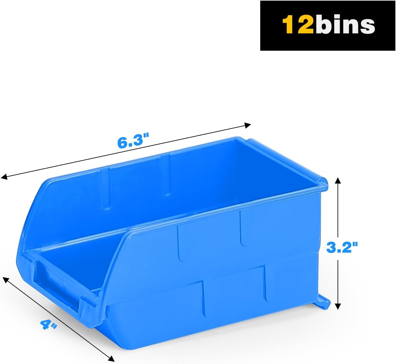 Ultrawall Wall Mounted Storage Bins, Plastic Hanging Storage Organizer Bins, Garage Tool Storage System for Screws, Nuts, Bolts, Nails, and Small Hardware Parts, 12x bins & 3 x rails, Blue