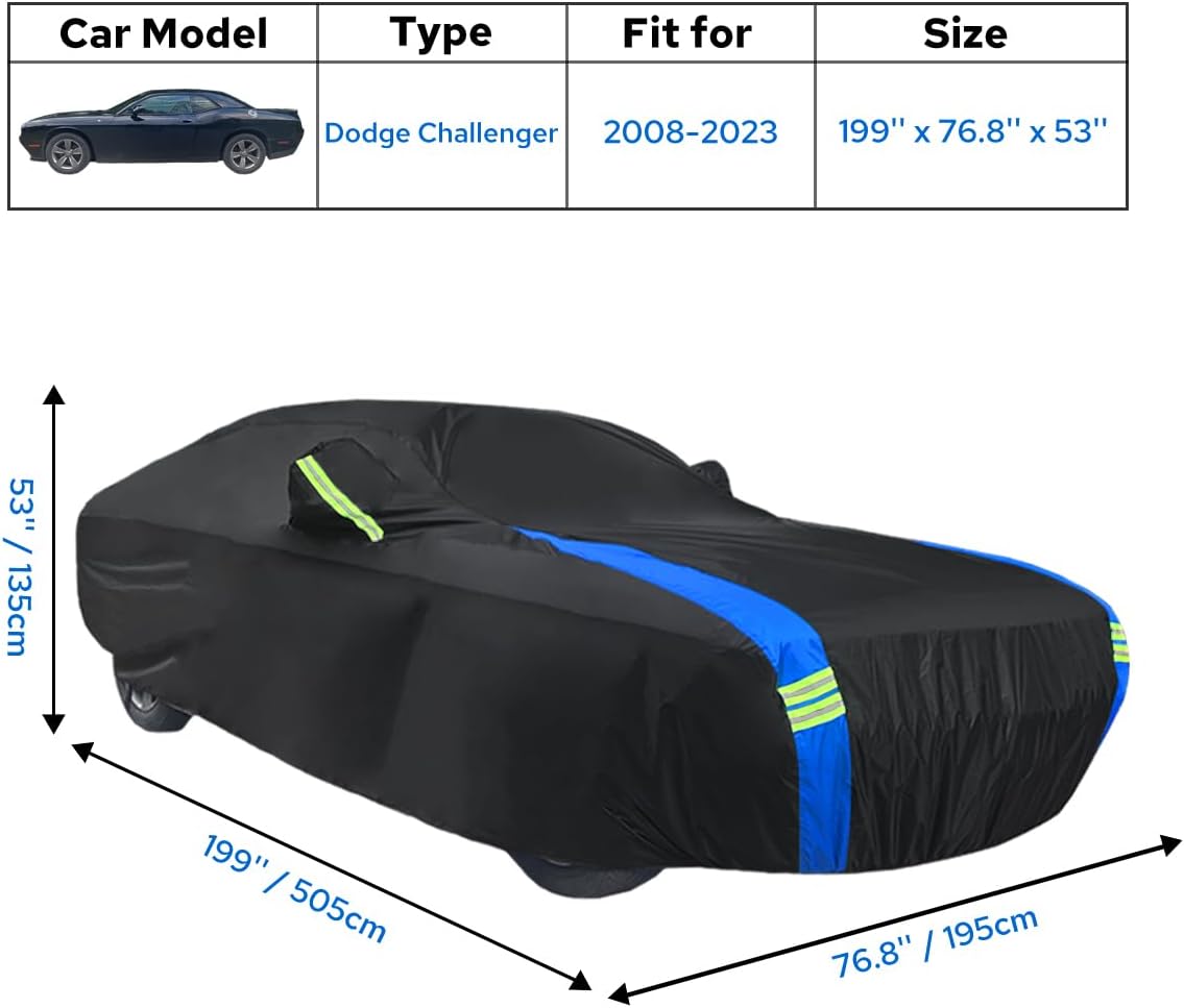 Avecrew Car Cover Waterproof All Weather for Dodge Challenger Automobiles, Outdoor Full Exterior Covers Fit 2008-2023 for Dodge Challenger with Windproof Strap