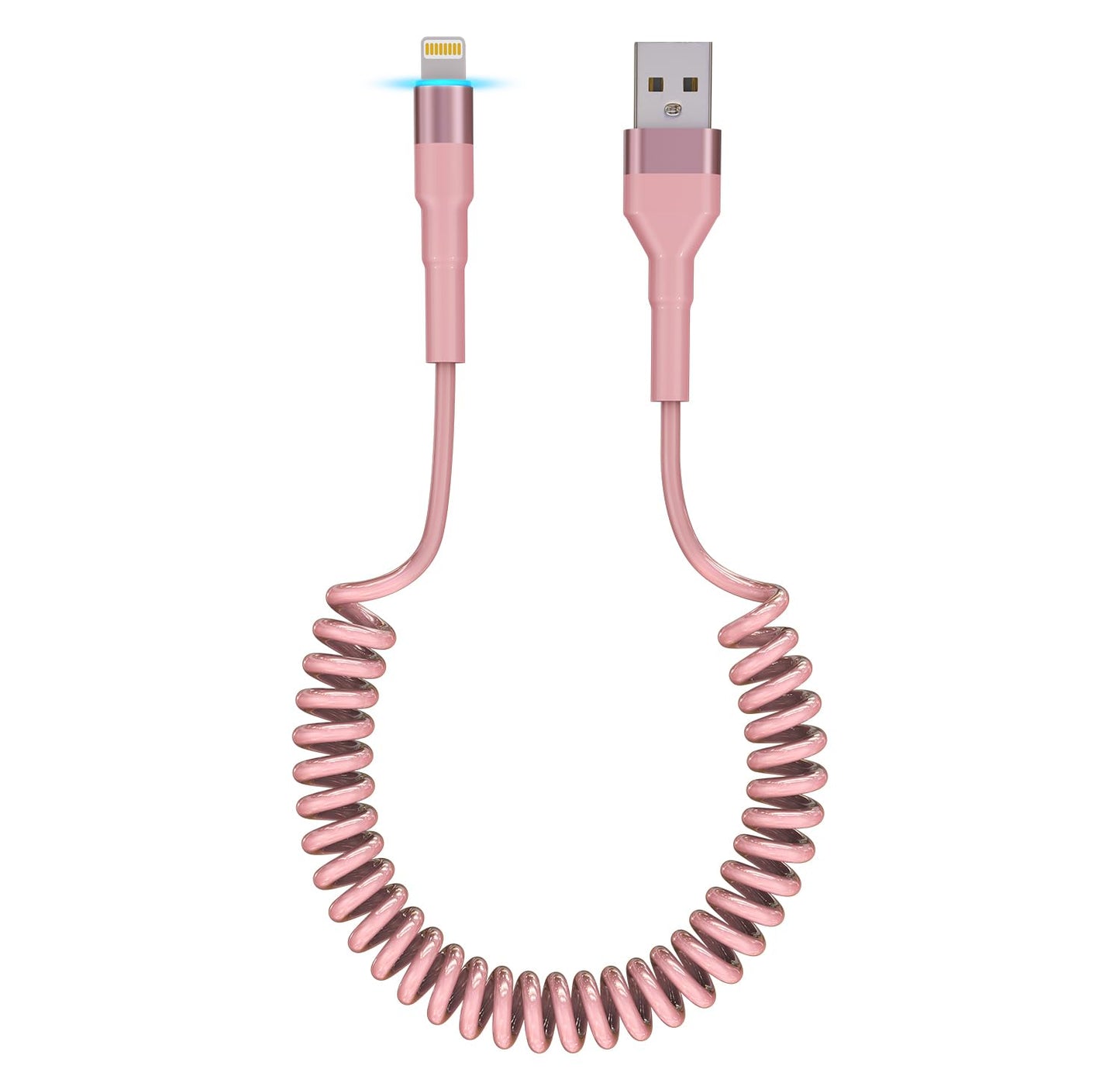 Pink Car Charger Cable - Coiled Lightning Cable for Apple CarPlay with 480Mbps Data Sync LED [MFi Certified], Fast Charging Short USB to Lightning Pink Retractable iPhone Charger Cord for Car