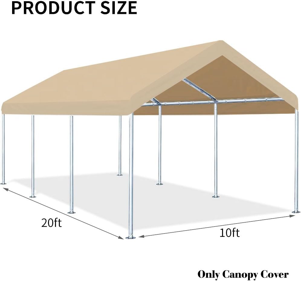 Rutile 10'x20' Carport Canopy ONLY Tent Garage Replacement Top Tarp Car Shelter Cover w/Ball Bungees Beige (Only Top Cover, Frame is not Included)