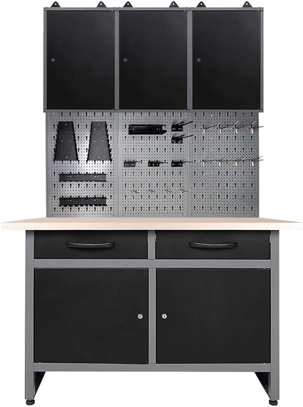 JZD Workshop Tool Cabinet Set System with Wood Worktop, for Auto Repair Shops, Utility Room Garage