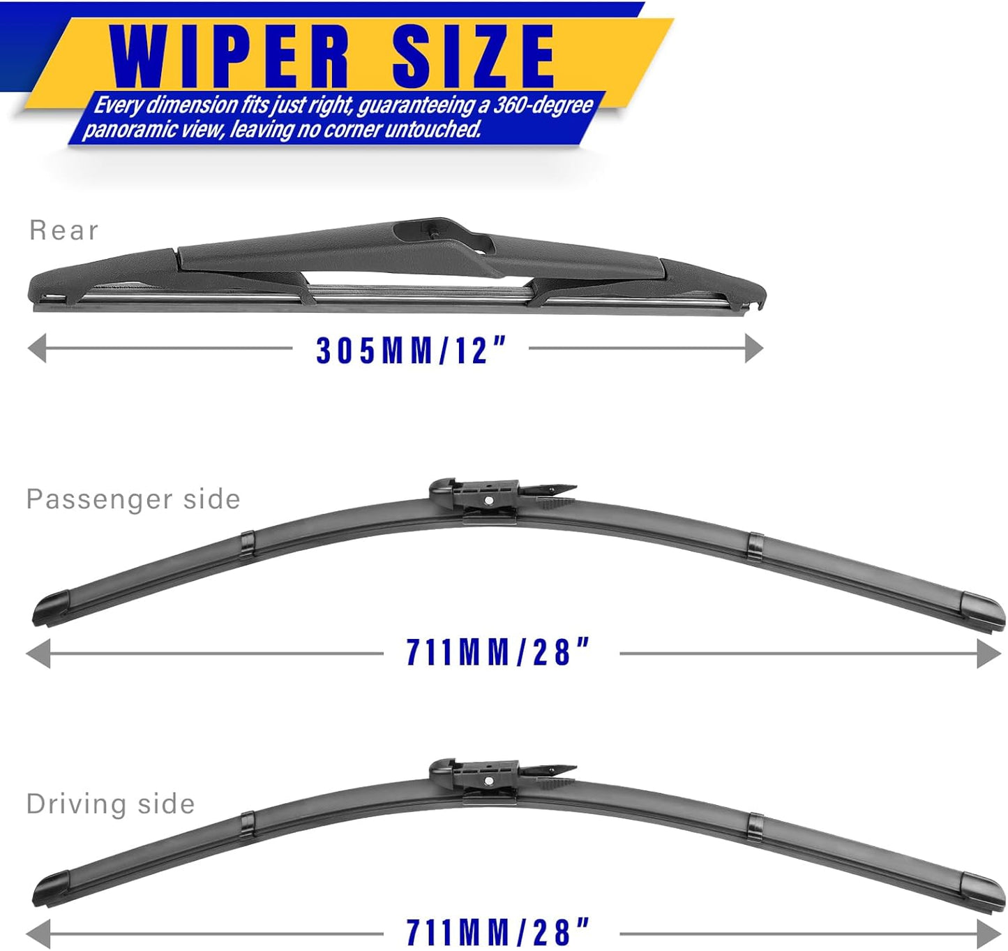 3 wipers Replacement for 2012-2018 Ford Focus, Windshield Wiper Blades Original Equipment Replacement - 28"/28"/12" (Set of 3) Pinch Tap