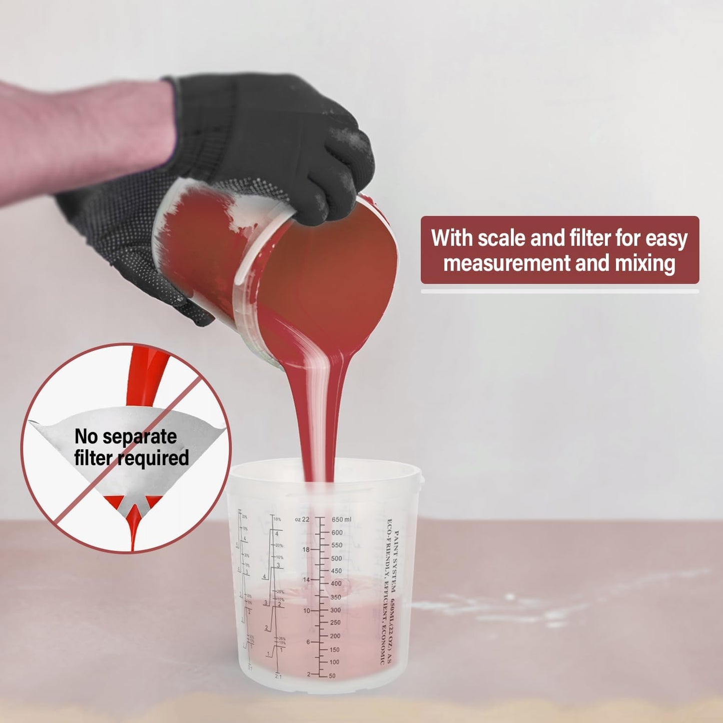 Disposable Paint Spary Gun Cups(650 ML/22 OZ), Spray Paint Cup Kit with 50 Cup Liners, 50 Lids, 10 Sealing Plugs, 1 Retainer Ring, 1 Hard Cup