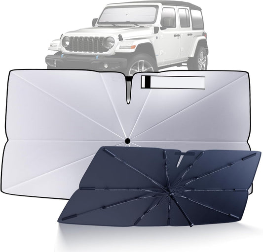 Windshield Sun Shade Umbrella for 2018-2025 Jeep Wrangler JL Accessories: Custom Fit 210T Silver, Foldable Sunshade Front Window Sun Visor, Blocks UV Rays, Keeps Car Cool for Sport/Sahara/Rubicon/4xe