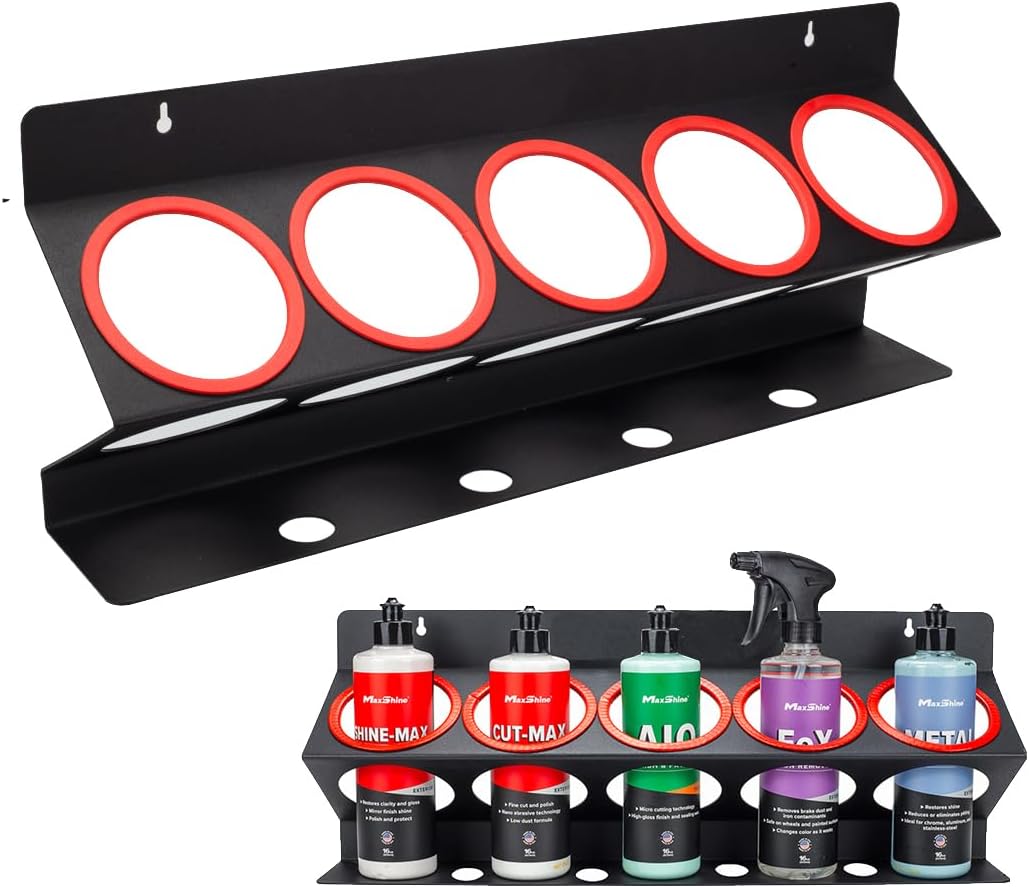 Maxshine Universal Detailing Spray Bottle Holder - Mobile Detailing & Car Garage Organizer, Holds 5 Sprayers (16/32oz) with 4 Small Holes, Lightweight Design, Easy Wall Mounting (No Logo)