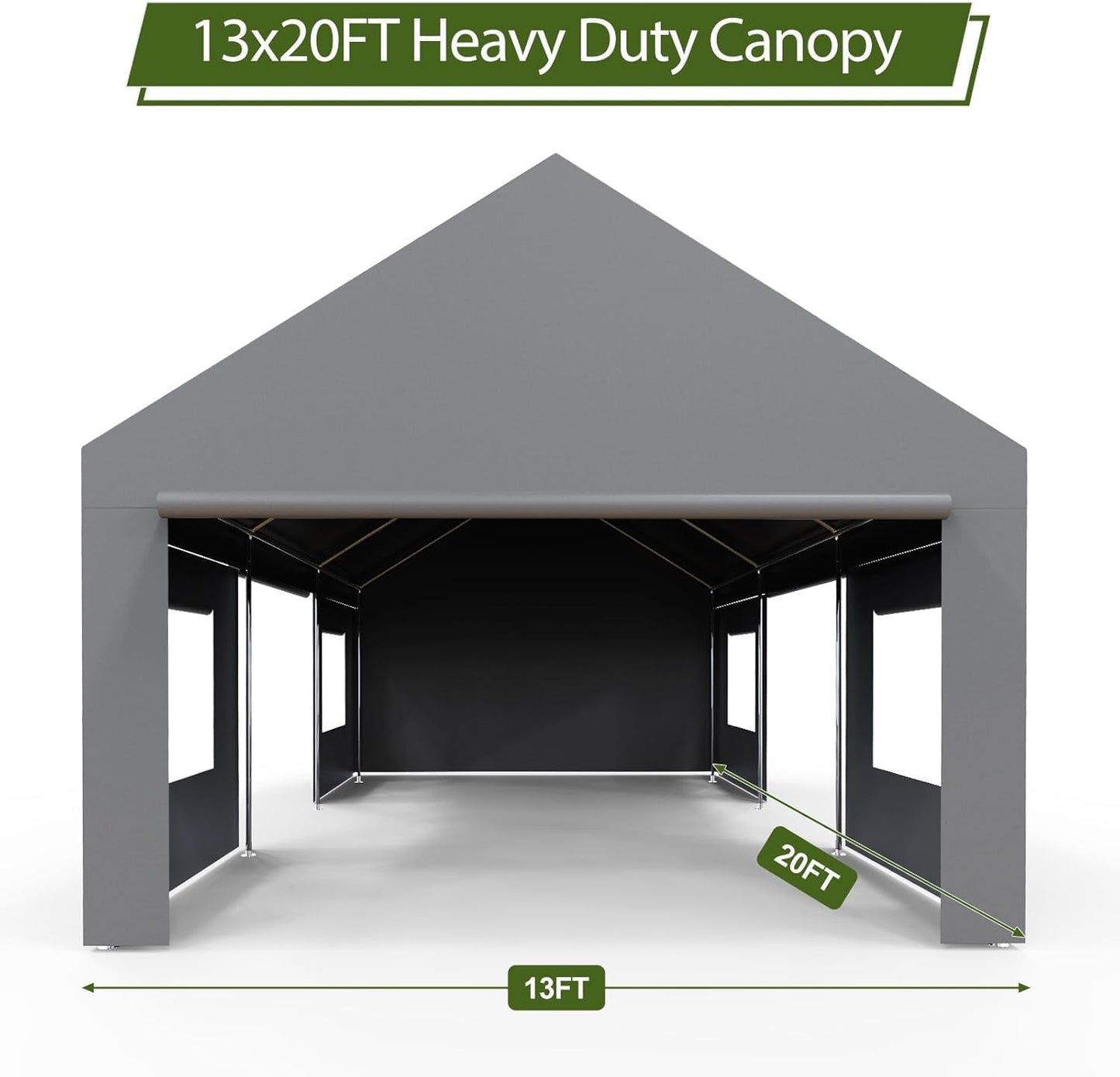 Heavy Duty Carport 13x20 FT Oversized Portable Garage with 4 Doors & 4 Windows, Reinforced Frame, All Weather Protection Outdoor Shelter Canopy for Cars, Boats, Trucks, BBQ and Gatherings (Gray)