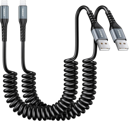 SUNGUY Coiled USB to Lightning Cable for Car, 2-Pack 4FT [MFi Certified] Retractable iPhone Charger Cable, Fast Charging CarPlay Cable for iPhone 14/13/12/11 Pro Max/XS MAX/XR/XS/iPad/iPod