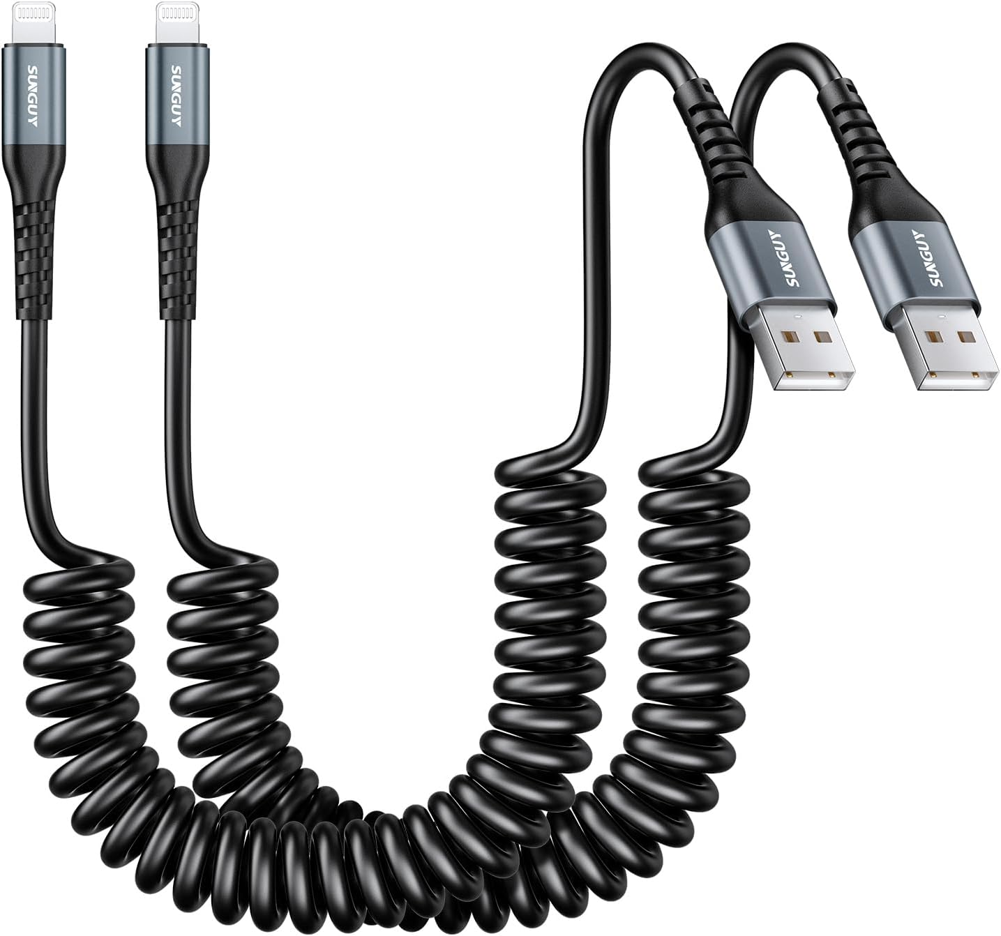 SUNGUY Coiled USB to Lightning Cable for Car, 2-Pack 3FT [MFi Certified] Retractable iPhone Charger Cable, Fast Charging CarPlay Cable for iPhone 14/13/12/11 Pro Max/XS MAX/XR/XS/iPad/iPod