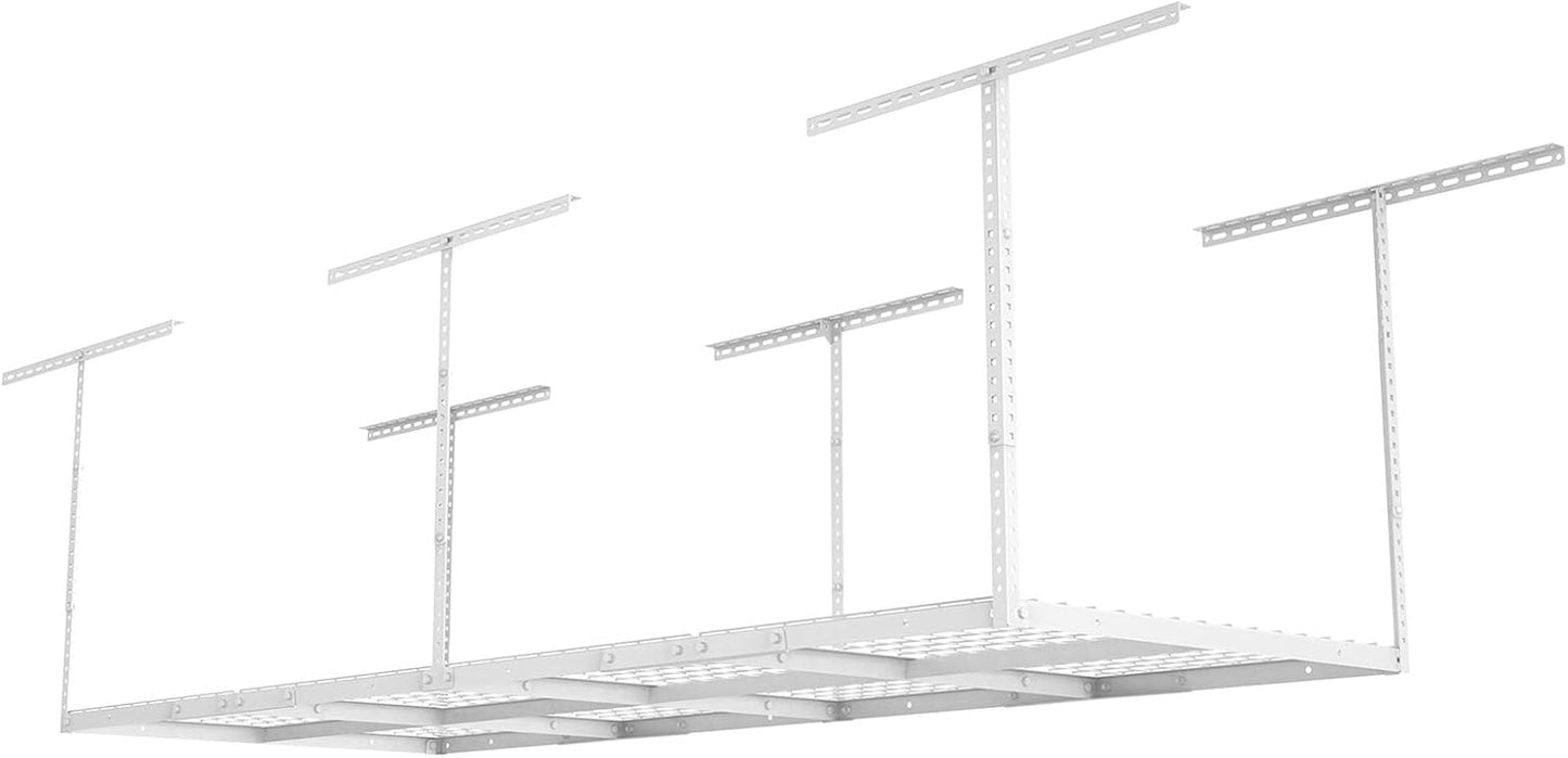 3ftx8ft Overhead Garage Storage Rack, Heavy-Duty Metal Garage Ceiling Storage Rack, 22''-40" Adjustable Ceiling Drop-Down, 600 lb. Loading Weight Capacity, White