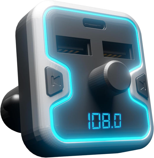 Car and Driver Bluetooth 5.0 FM Transmitter Charger, Dual USB-A and USB-C Lighter Adapter, Triple-Port Design with Fast Charging, Compatible with Mobile Alexa, Siri, and Google Assistant