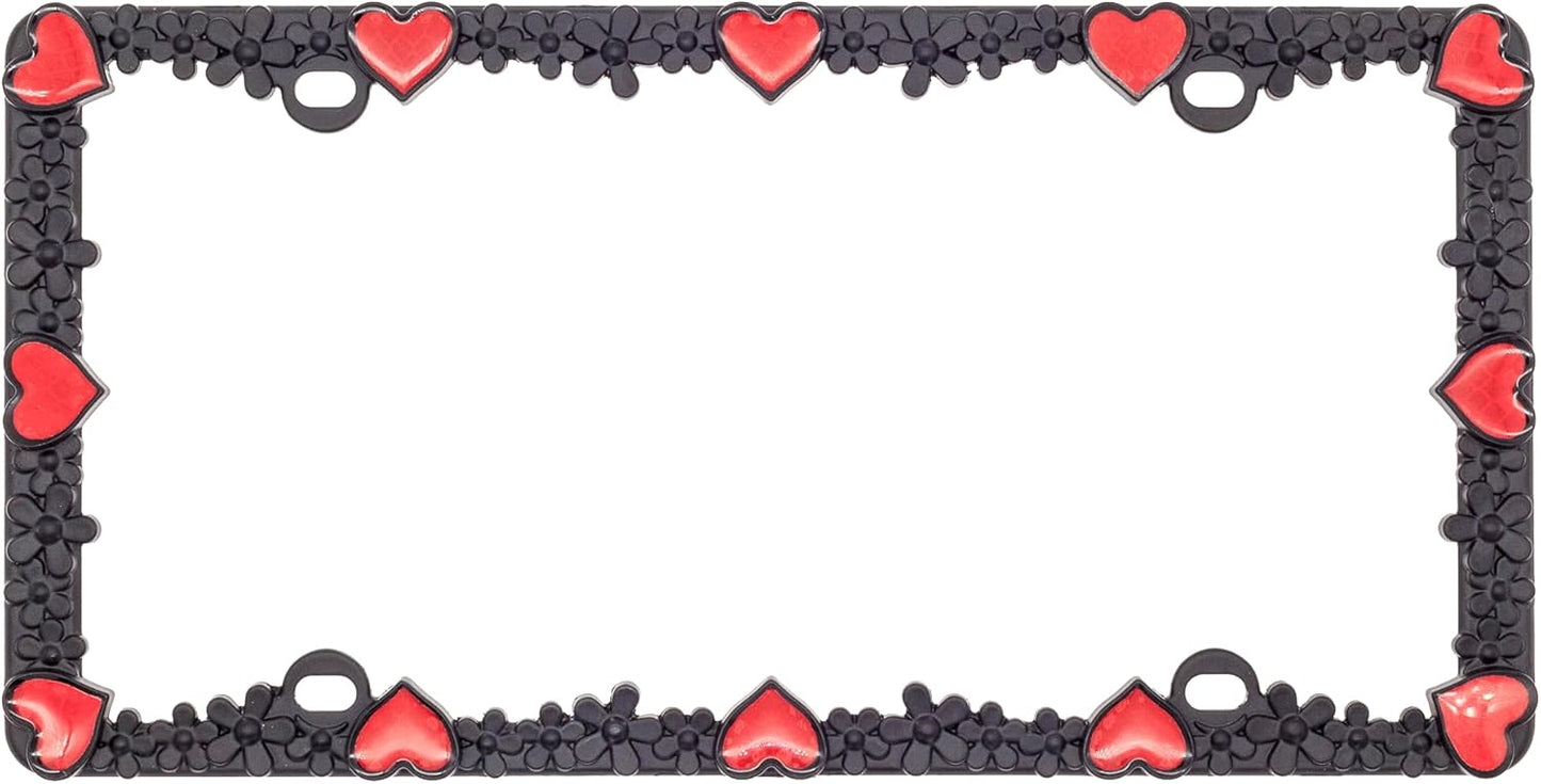 Creathome 3D Daisy Heart License Plate Frame from Pure Zinc Alloy Metal Perfect Plate Holder, Matt Black Daisy with Red Reflective Heart
