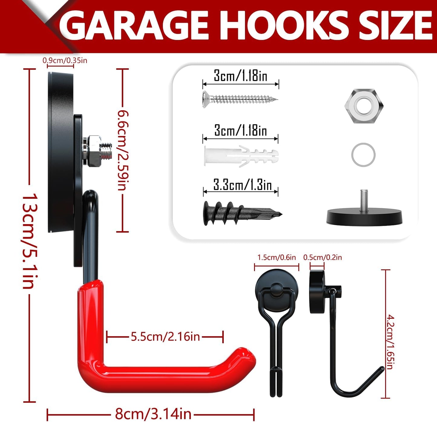 3-H Heavy Duty Magnet Garage Hooks 2 Pack, Large Strong Magnetic Hooks for Hanging Cordless Power Drill, Utility Magnetic Tool Holder for Metal Cabinet, Steel Pegboard, Toolbox, Garage(Red)