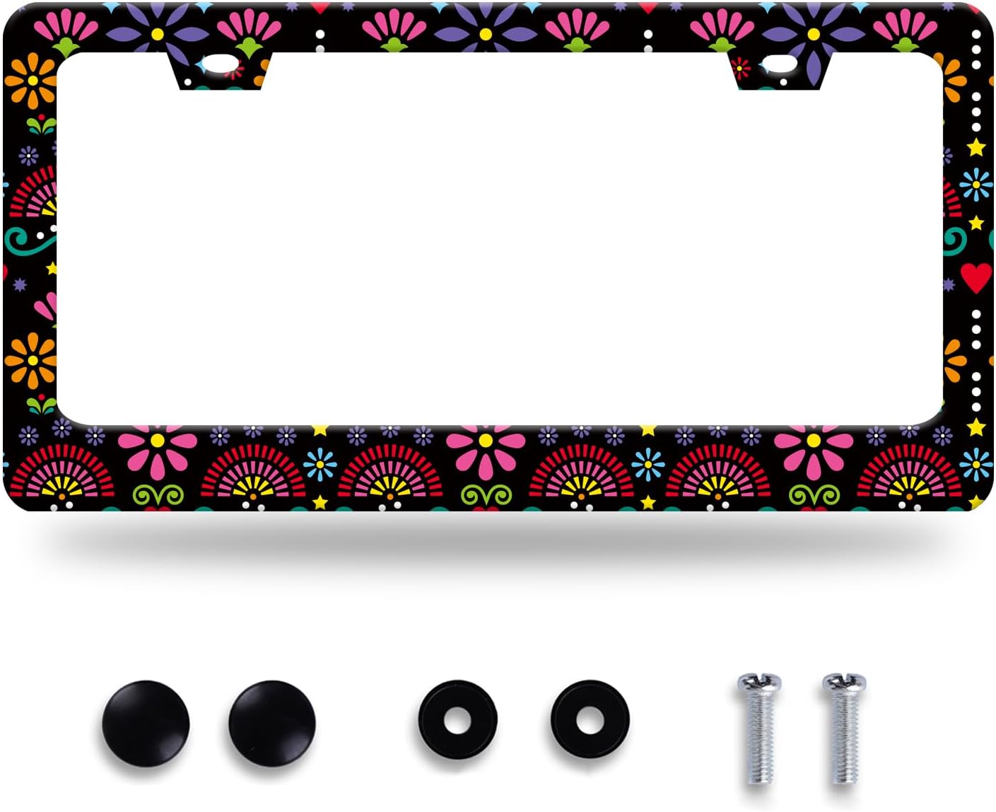 Folk Flowers Vintage Floral License Plate Frame Flower License Plate Stainless Steel Funny License Plate Holder for Men Women Universal Colorful Car Accessories Decoration 12.3" x 6.3"
