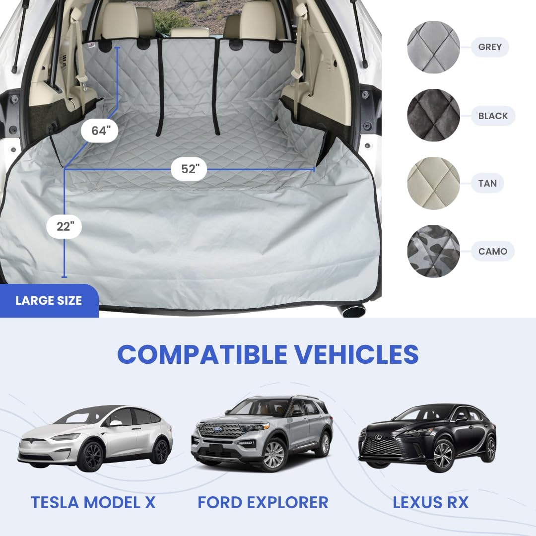 4Knines SUV Cargo Liner for Dogs, Trunk Mat for SUV, Durable Cargo Cover, Protector – Compatible with 60/40 Split Bench & Armrest Pass-Through, Waterproof, Machine Washable, Non-Slip (Large, Grey)