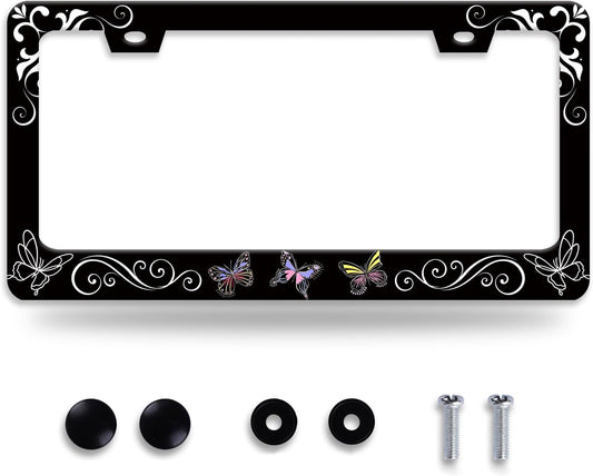 Butterfly License Plate Frame Butterflies Floral License Plate Frames for Car Decorative Parts Stainless Stee License Plate for Standard Us Canada Funny License Plate Holder 12x6 Inch