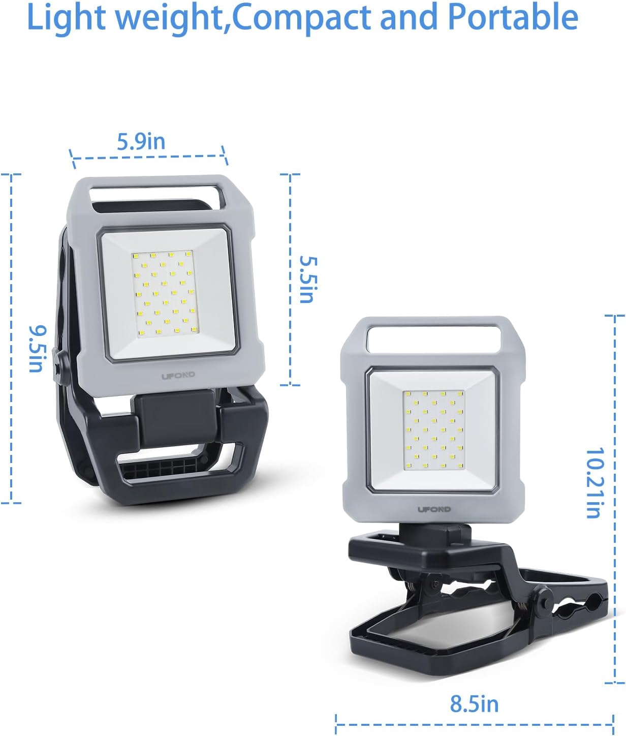 UFOND 2500LM LED Work Light Rechargeable,12h Portable Battery Worklight Cordless,6600mAh Waterproof Floodlight Brightness Adjustable,Outdoor Construction Clamp Light for Garage Camping Car Repairing