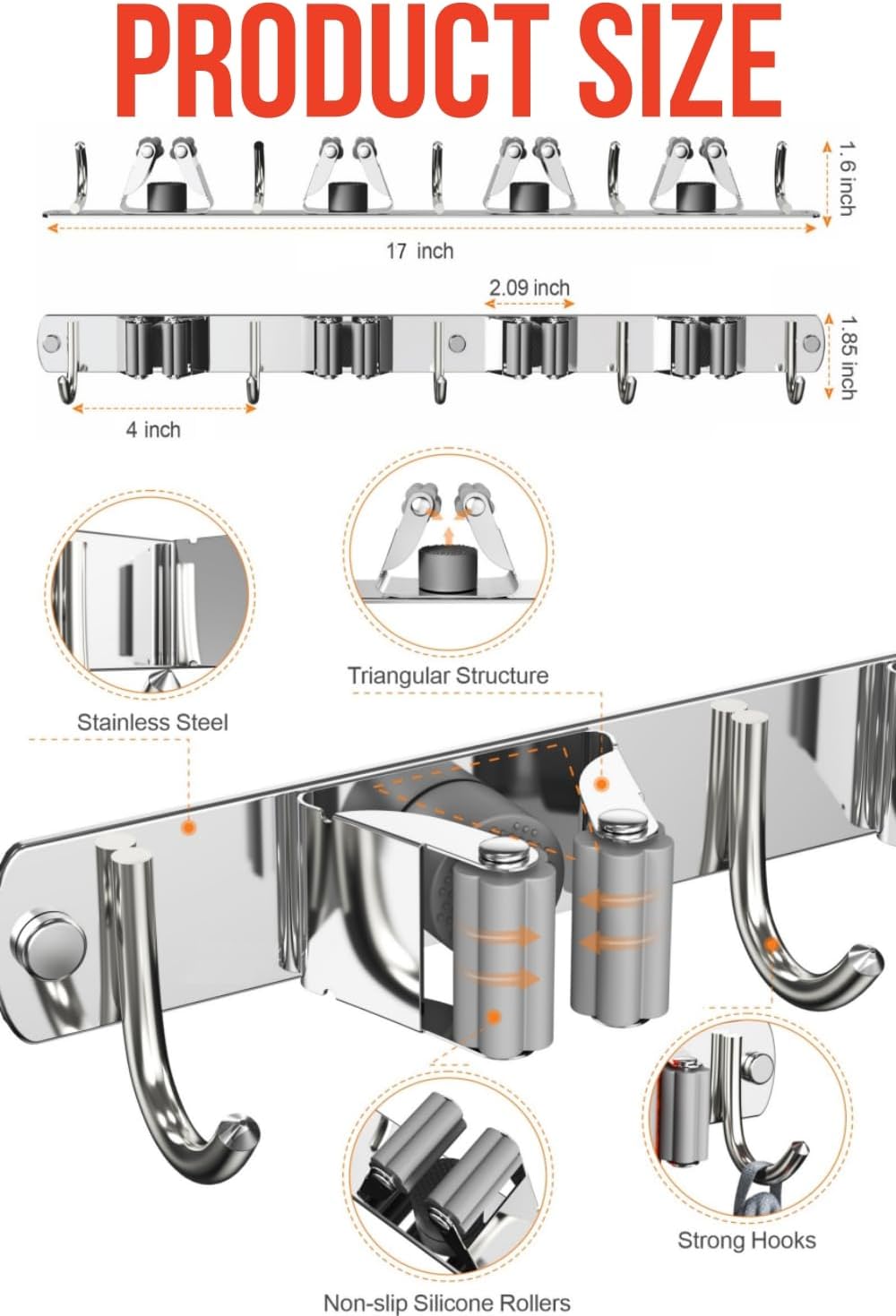 Mop and Broom Holder Wall Mount, Upgraded Broom Hanger Wall Mount, Stainless Steel Broom Organizer for Closet Garage Laundry Room Kitchen Wall Decor(4Racks 5Hooks Silver)