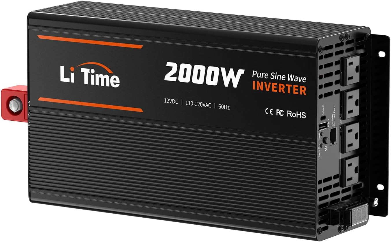 LiTime 2000W Pure Sine Wave Inverter 12V DC to 120V AC Converter with Remote Control, Surge 4000W, Built-in 4 AC Outlets, USB Port, Type-C Port for Home, RV, Camping, Off-Grid, Solar Power