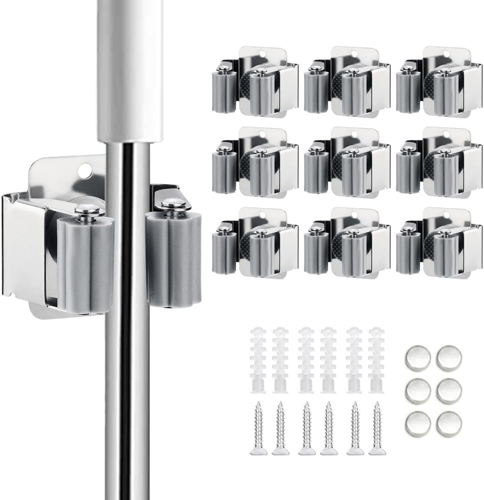 9PCS Broom and Mop Holder, Heavy Duty Garden Tool Organizer Rack Rake and Shovel Handle, Stainless Steel Mop Hanger. Screws for Wall Mounted. Silver.