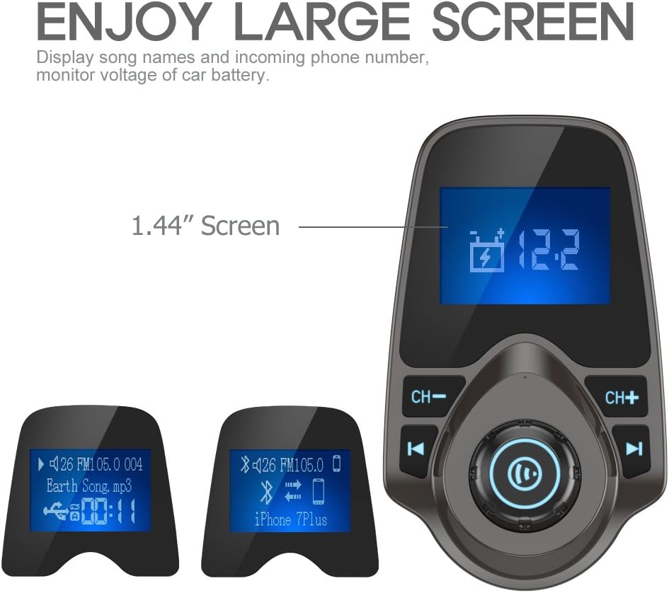 Nulaxy Bluetooth Car FM Transmitter Audio Adapter Receiver Wireless Handsfree Car Kit TF Card AUX 1.44 Display – KM18 Brown