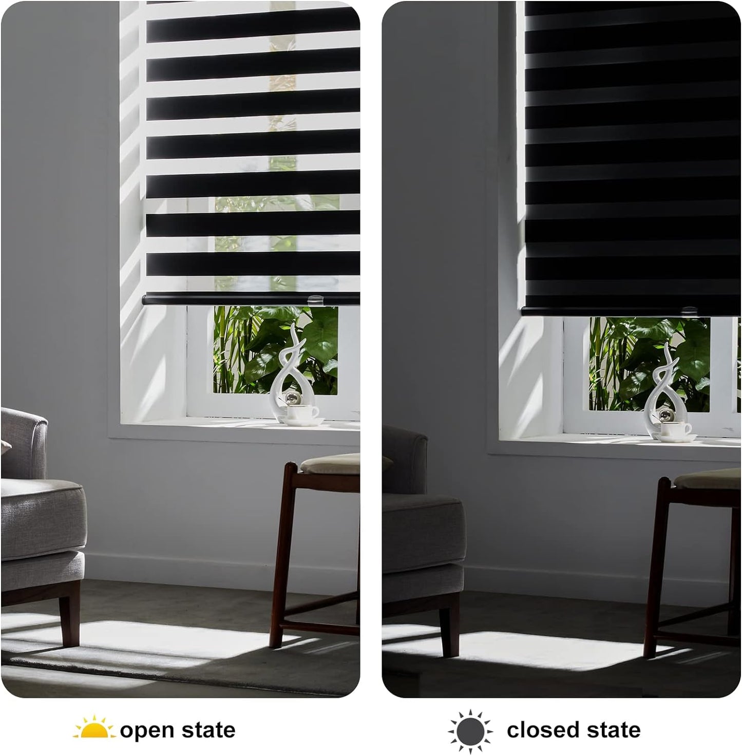 Persilux Cordless Zebra Blinds for Windows (35" W X 72" H, Black) Free-Stop Dual Layer Roller Windows Shades for Day and Night, Light Filtering Sheer Shades for Home, Easy to Install