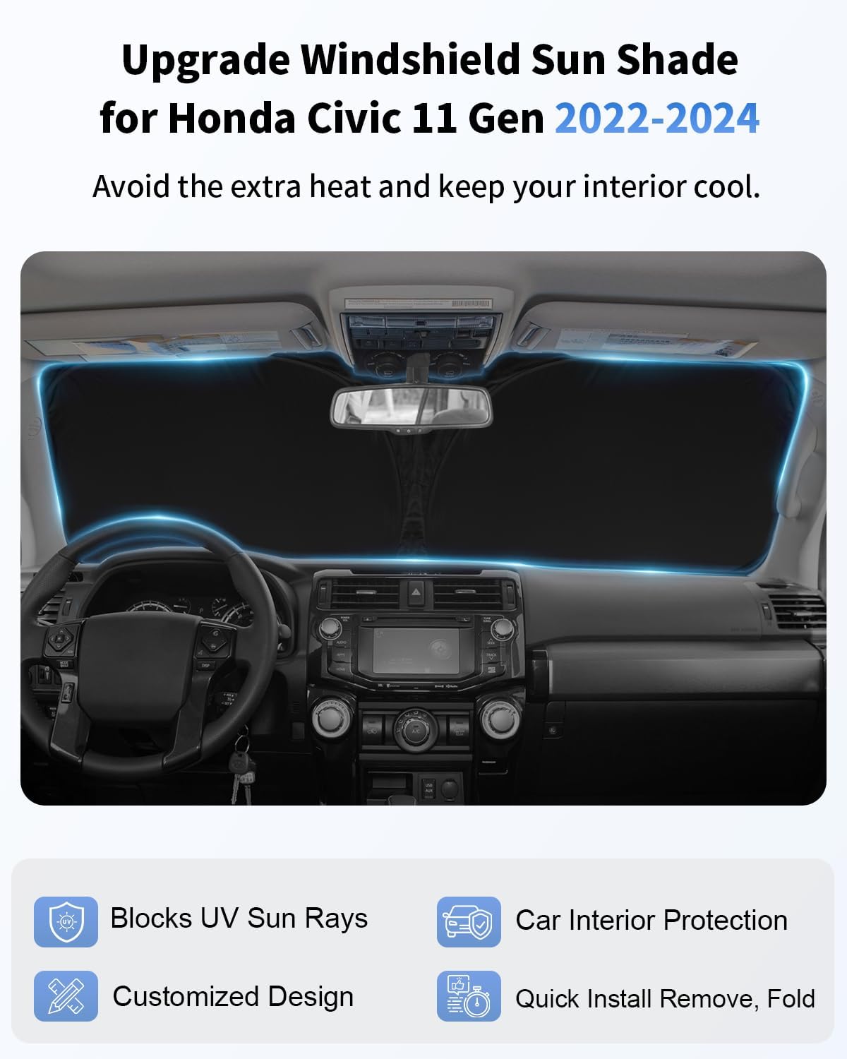 for Civic 2026 2025 2024 2023 2022 Windshield Sun Shade Custom Fit Honda Civic Sedan, LX, EX, EX-L, Touring Sun Visor Front Window Sunshade 4-Layer 240T Upgrade Foldable Cover Car Interior Accessories