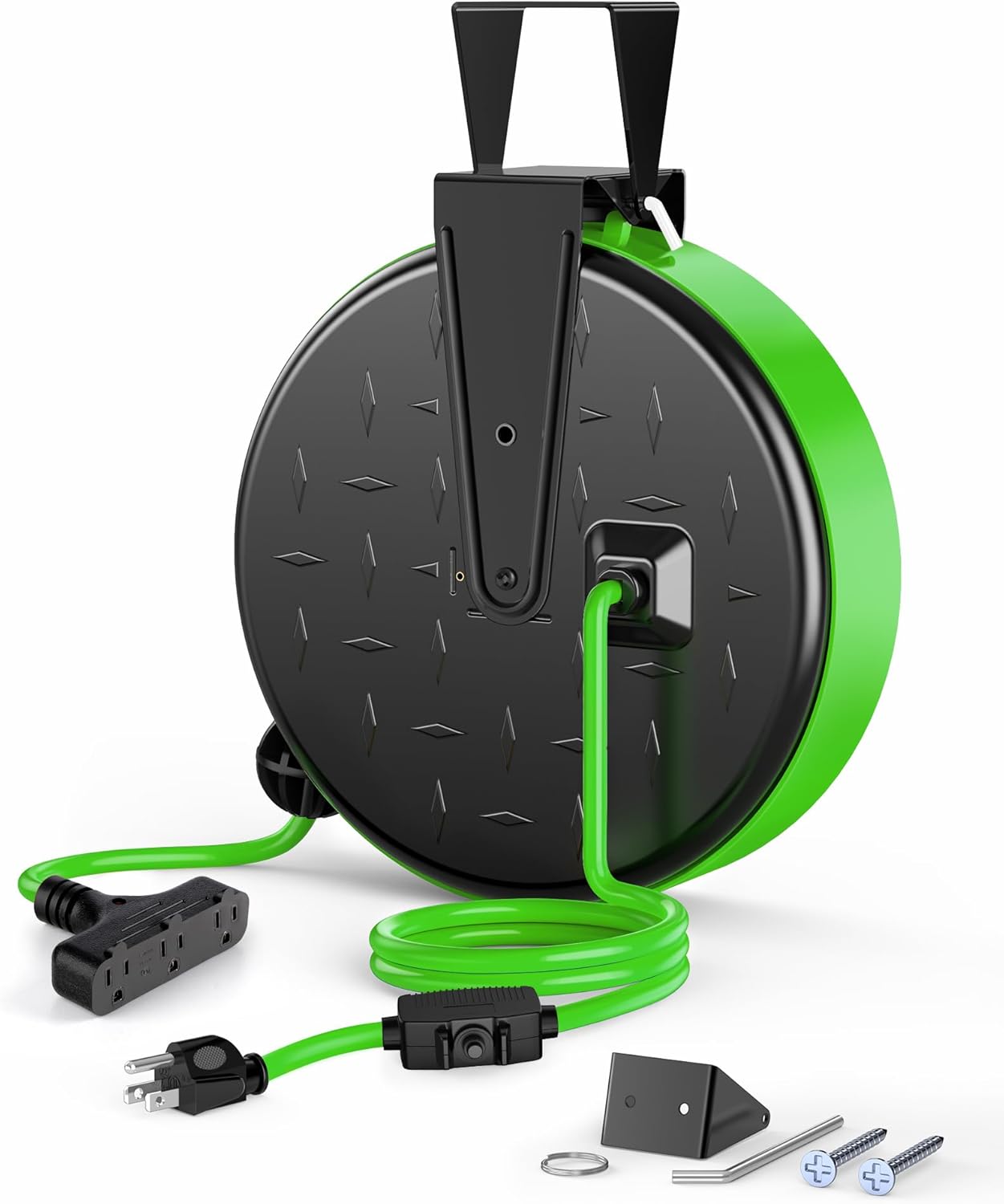 DEWENWILS 30FT Extension Cord Reel, 16/3 Gauge SJTW Power Cord, Retractable Cord Reel with 3 Outlets, Ceiling/Wall Mount for Garage, Workshop, 10A Circuit Breaker, Metal Plate, UL Listed, Green