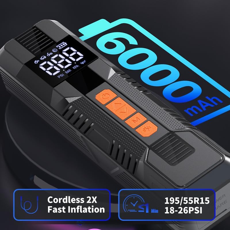 Tire Inflator Portable Air Compressor, 6X Faster 180 PSI Cordless Air Compressor, Air Pump with Pressure Gauge - Portable Tire Inflator for Car, Pickup, Motor, Bicycle, Balls and More