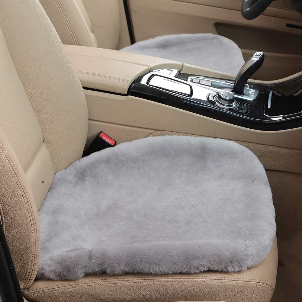 20 inchs Fluffy Shearling Sheepskin Car Seat Cover for Auto Interior Accessories with Soft Fuzzy Wool Eco-Friendly Natural Fur Non-Slip (Misty Gray, Front)