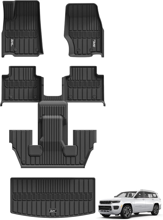3W Floor Mats & Cargo Liner Fit for Jeep Grand Cherokee L 2021-2025 All Weather TPE Custom Fit Floor Liner for 1-3 Rows and Trunk (ONLY for 6-Passenger Without Center Console) Full Set Car Mats Black