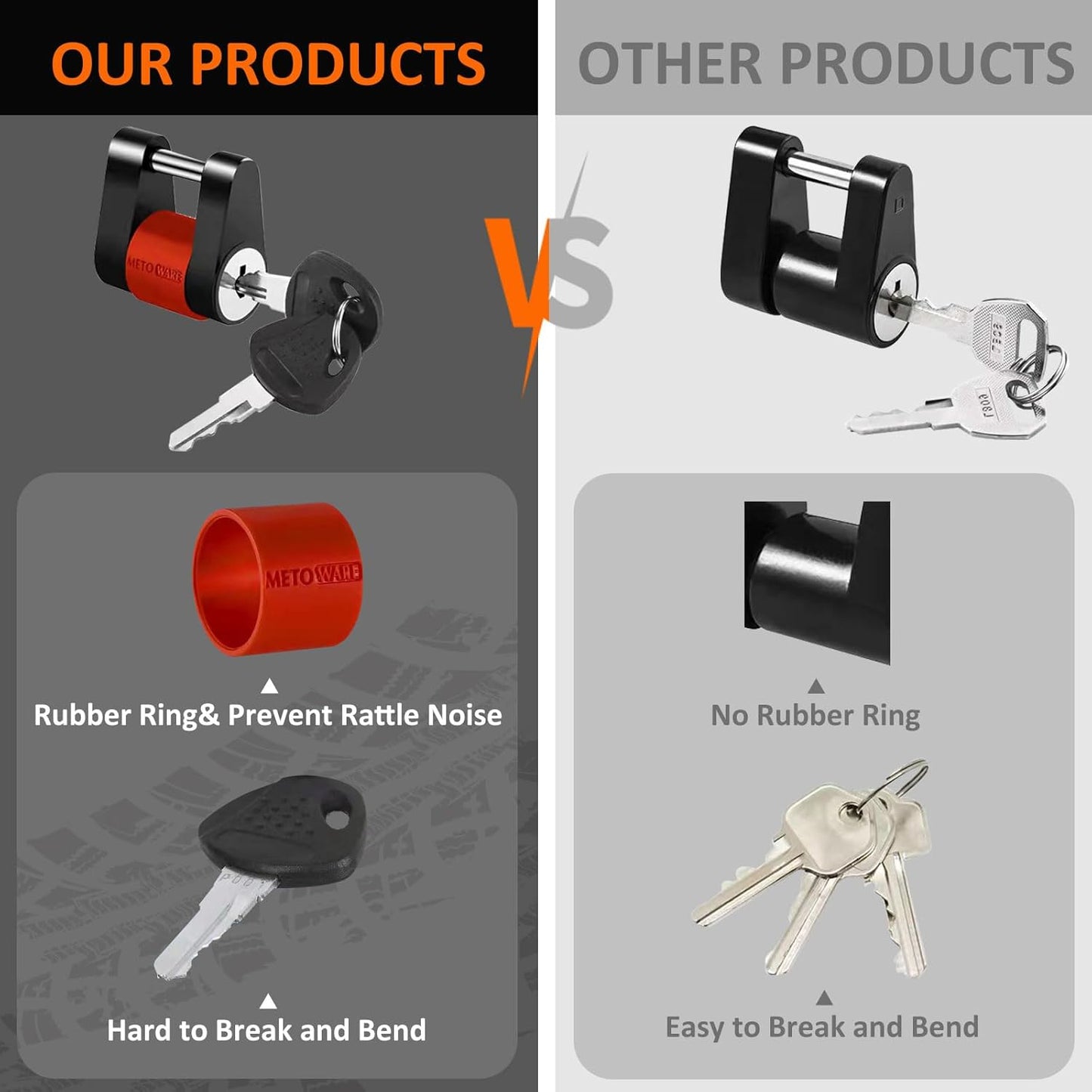 METOWARE Keyed Alike Trailer Coupler Lock, 1/4” Dia, 3/4” Span Heavy-Duty Steel Trailer Tongue Lock for Tow Boat RV Truck Car's Coupler with Anti-Rattle Rubber Rings (2 Pack)