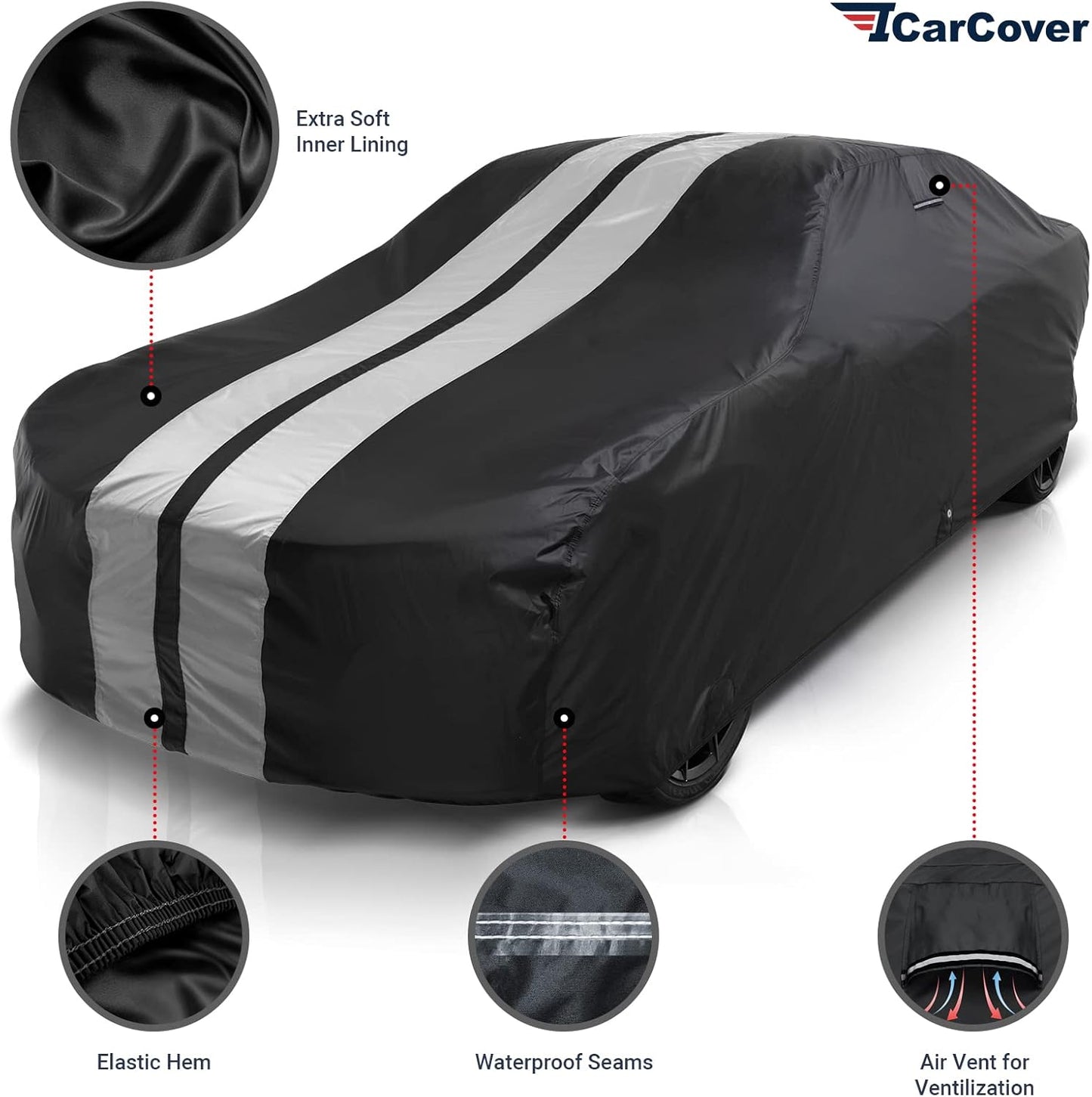 iCarCover Custom Car Cover for 1974-1978 Ford Mustang Waterproof All Weather Rain Snow UV Sun Protector Full Exterior Indoor Outdoor Car Cover (Stripe - Black/Gray)