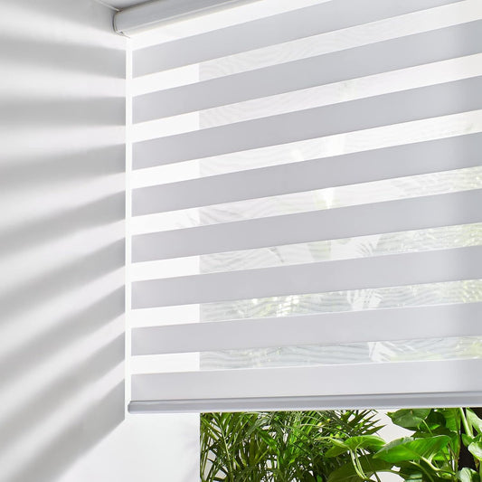 Persilux Cordless Zebra Blinds for Windows Free-Stop Roller Shades for Windows (62" W x 72" H, White) Dual Layer Window Treatments Room Darkening Roller Blinds for Home, Office and Kitchen