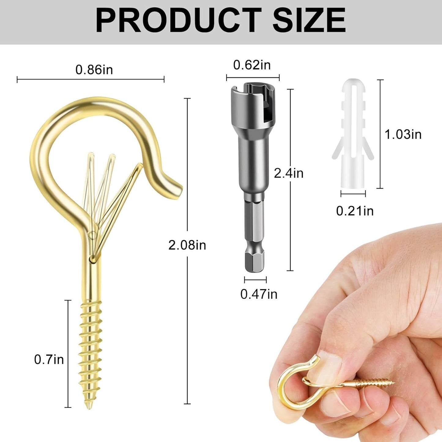 36 PCS Q-Hanger Hooks, Screw Hooks for Outdoor String Lights, Safety Buckle Design Cup Eye Hook for Hanging Christmas Lights, Plants, Mounted on Wall Ceiling, Include 1 Wing Nut Driver, Gold