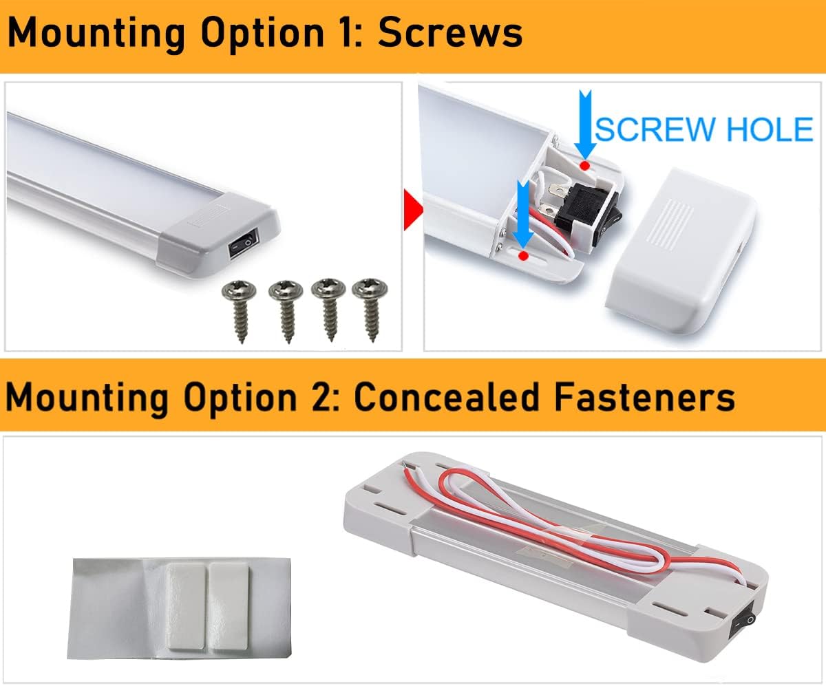 LED Interior Utility Light Fixture 6.7" x 2.6", High Lumen-Output Low Current Draw Energy Efficient, Frosted Lens 6000K Cool-White Even Diffused Beam, On/Off Rocker Switch, 12V-24V DC, 1-Pack