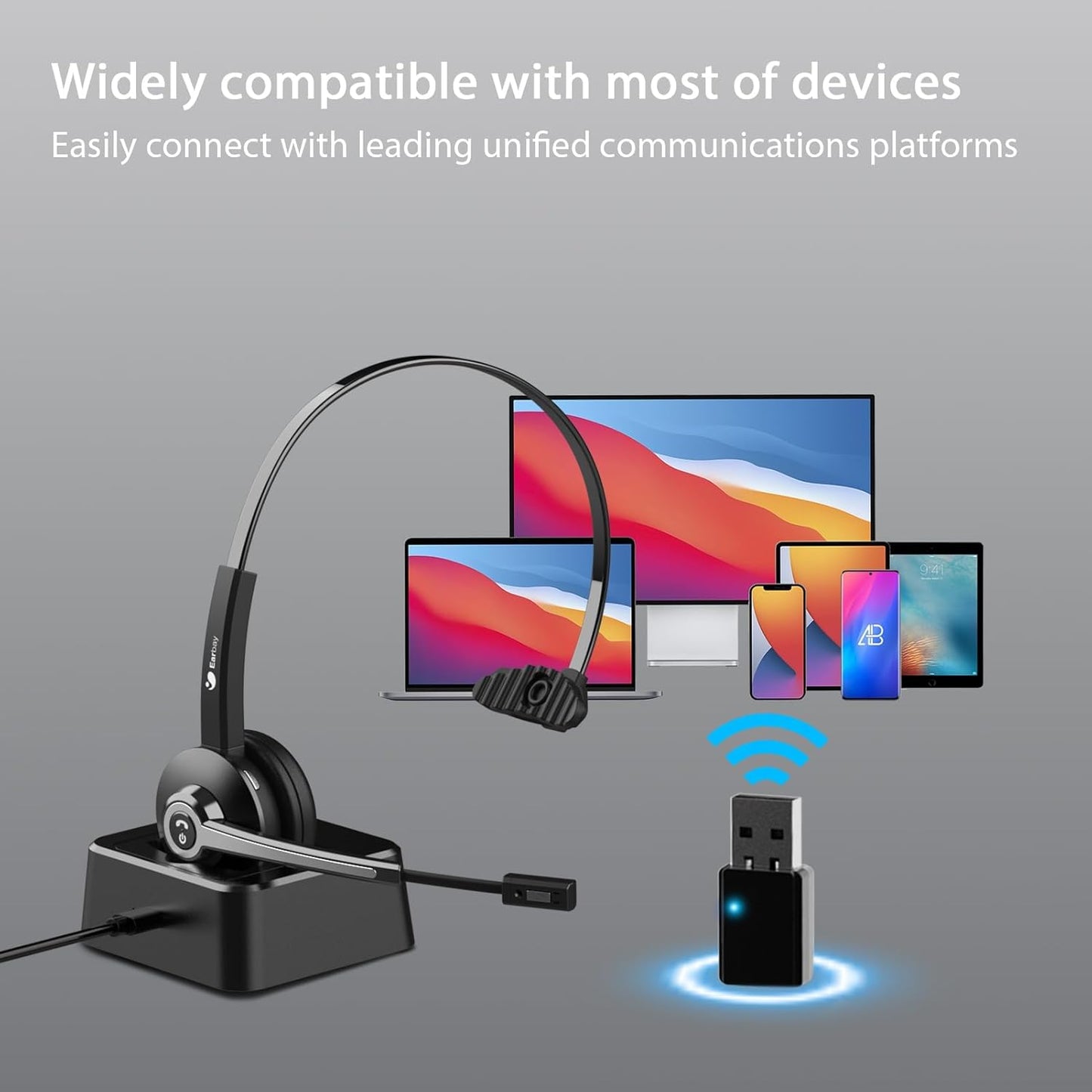 Earbay Trucker Bluetooth Headset, Wireless Headphones with Mic Mute & USB Dongle, Wireless Headset with Microphone Noise Canceling & Charing Base for Work/PC Computer/Phones/Office/Meeting