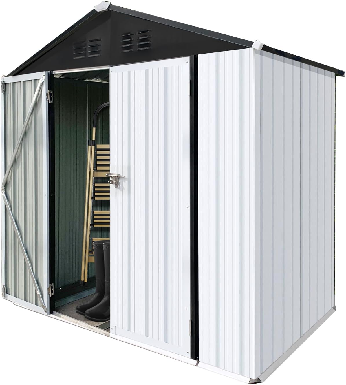 4x6 FT Outdoor Metal Storage Sheds with Apex Roof,Single-Storey Waterproof Roofed Structure Garden Shed w/Lockable Doors,for Lawn Equipment Tool Sundries,White+Black