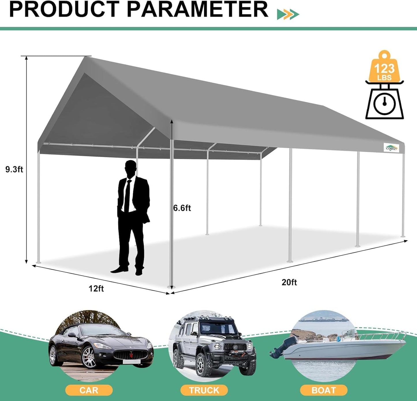 COBIZI Carport 12x20ft Heavy Duty Portable Garage, 2.0 Powder Coated Frame(Better Than Galvanized), Waterproof Shelter with Built-in Sandbags, for Car/Boat/SUV, Gray