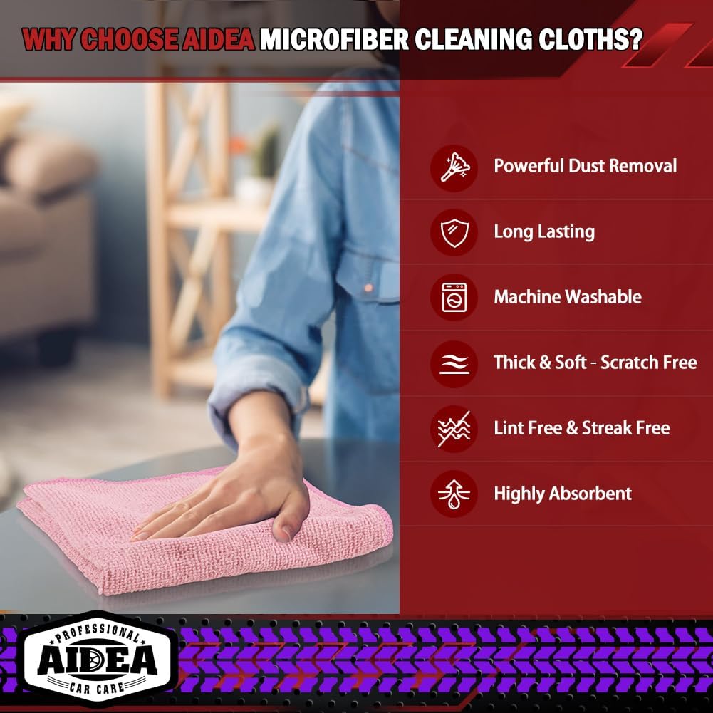 AIDEA Microfiber Cleaning Cloth Pink 20PK, Microfiber Towels for Cars, Premium Car Cloths, Dusting Cloth Lint Free Cleaning Rags for SUVs, House, Kitchen, Window, Workshops,12×12"