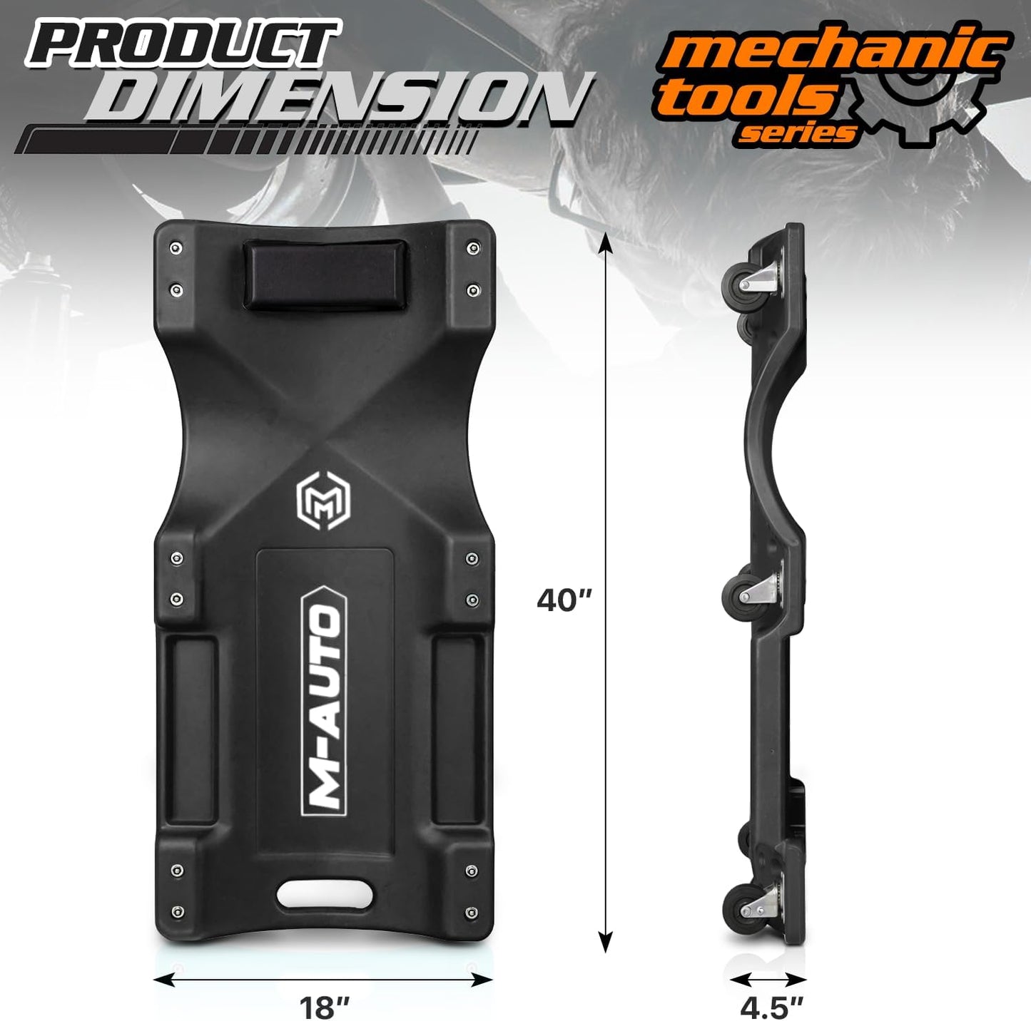 M-AUTO Mechanic Roller Creeper with Padded Headrest, Dual Tool Trays Rolling Creeper for Garage Shop Auto Work Repair, 40" Light Weight Mechanic Cart, Black