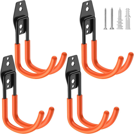Heavy Duty Garage Hooks 4 Pack, J Shaped Hanger, Wall Mounted Storage System, Power and Garden Tool Organizer, for Hanging Ladders, Bikes Tires, Hose, Bulk Items