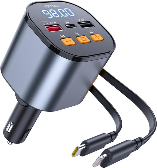 [2025 Upgraded] 81W Retractable PD Car Charger with Bluetooth 5.3, FM Transmitter, Hands-Free Calling, MP3 Player, USB & LED Display – USB-C Bluetooth Adapter for All Phones