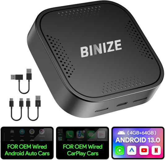 BINIZE CarPlay Ai Box 2.0 Wireless CarPlay/Android Auto with Video APPS 4G+64GB, 8Core, Supports Cars with OEM Wired CarPlay/Android Auto