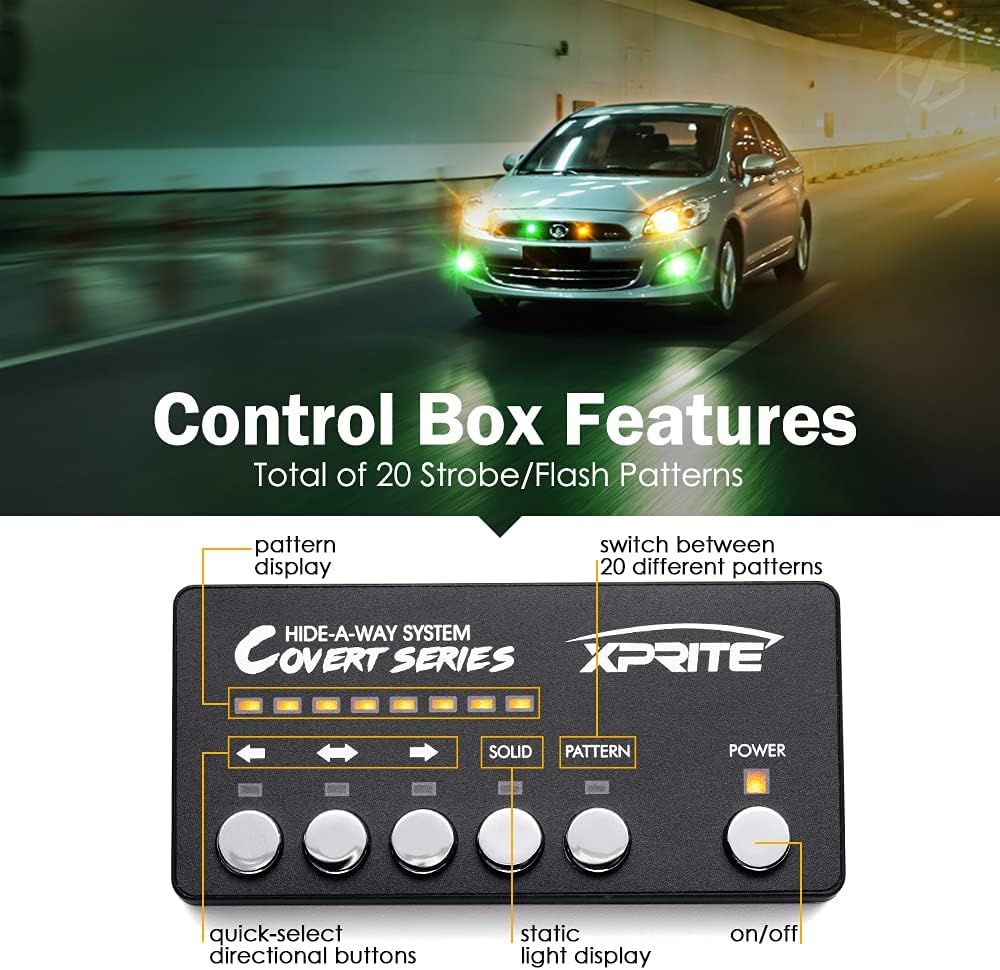 Xprite Amber Green LED Hideaway Strobe Lights Kit 20 Flashing Patterns w/Control Panel Headlights Taillights Fog Light Mounting, for Roadside Emergency Vehicles Trucks SUV Vans Cars 8 PCs